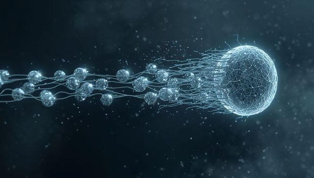 Glowing wireframe sphere connecting to luminescent nodes with filament neural network
