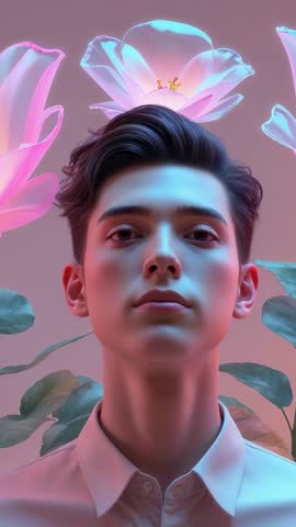 Vertical portrait video: Young man posing with pulsing pastel petals and ethereal glow