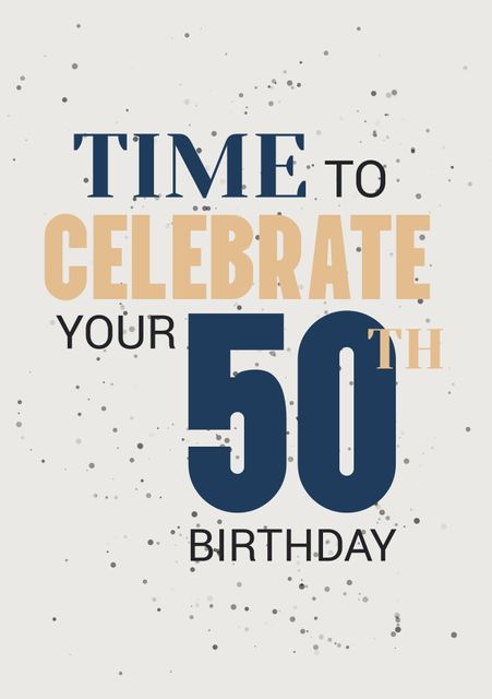 This image showcases bold text celebrating a 50th birthday, perfect for milestone birthday invitations or greeting cards. Features a grey background with festive confetti dots, ideal for party decorations, banners or social media announcements.