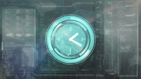 Futuristic Clock Animation Overlaid on Data Interface