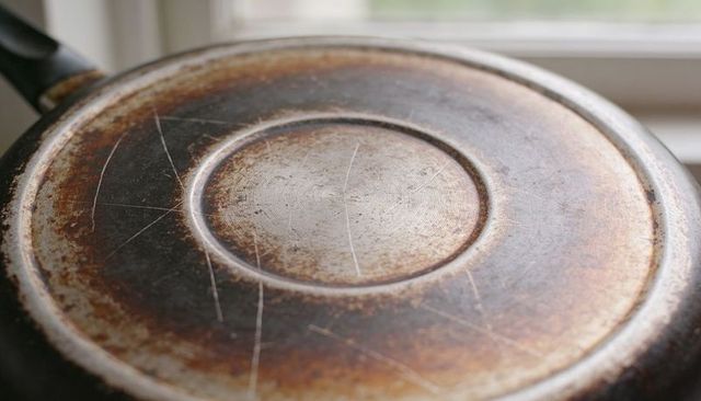 Worn frying pan base revealing concentric rings, rust patina and scratched metal texture