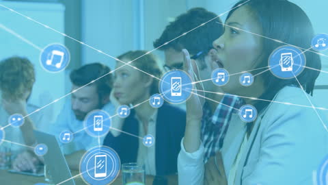 Digital Network Overlay on Diverse Business Team During Communication