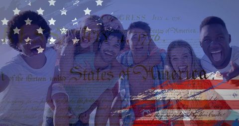 Diverse Friends Celebrate American Values Against USA Flag