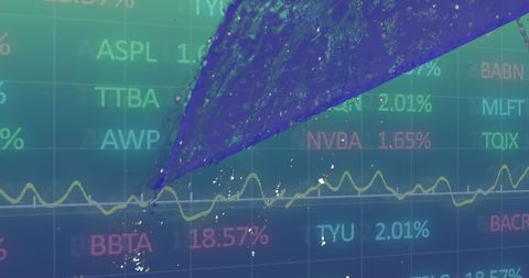 Water cascade over trading board with financial graphs overlay