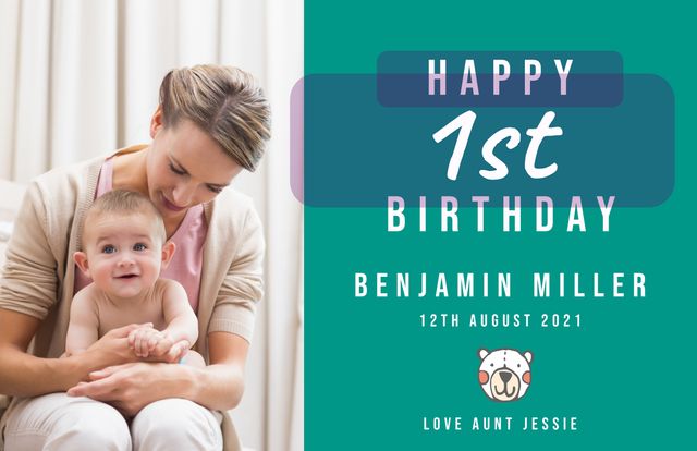 This image captures a tender moment between a mother and her child celebrating the child's first birthday. The mother is holding the infant lovingly, perfect for creating personalized birthday invitations or greeting cards. Ideal for use in family-oriented designs, advertisements for birthday party planning services, or social media celebrations.