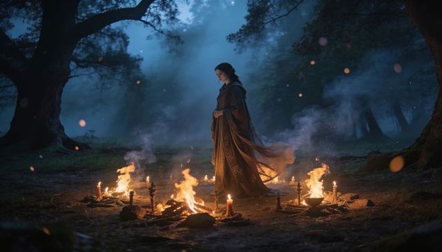 Moonlit ritualist walking through enchanted forest clearing around sacred fires