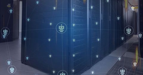 AI Chatbot Overlays and Glowing Data in Server Room