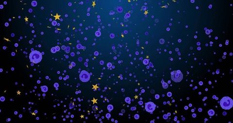 Glowing purple bubble clusters drifting across navy-to-black gradient with gold stars and neon halos