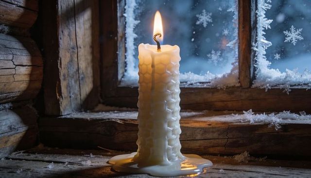 Flickering beeswax honeycomb candle melting on frosty cabin window sill