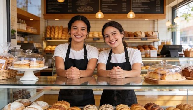 Smiling bakers serving fresh pastries behind glass counter in bright artisan bakery