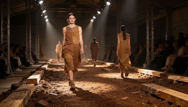 Striding female model walking rustic dirt runway in earth-toned dress and boots under spotlights