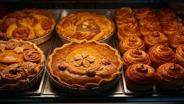 Artisanal Pastries and Pies with Leaf Motifs in Bakery Display