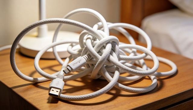 Knotted white braided charging cable lying on wooden nightstand with warm lighting