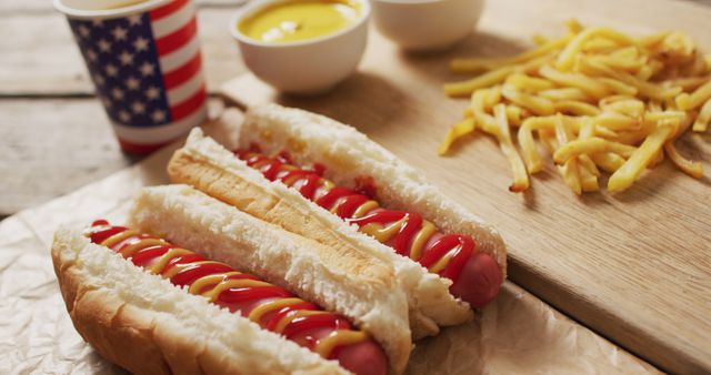Image depicts two traditional American hot dogs topped with ketchup and mustard on a paper wrapping. French fries are placed on a wooden cutting board. A cup featuring the American flag adds a patriotic touch. Perfect for use in content related to American cuisine, fast food promotions, picnic ideas, patriotic events, or 4th of July celebrations.