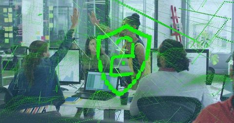 High-Fiving Team in Modern Office with Digital Overlay Illustrating Collaboration