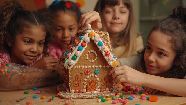 Children decorating colorful gingerbread house with candies in warm home kitchen
