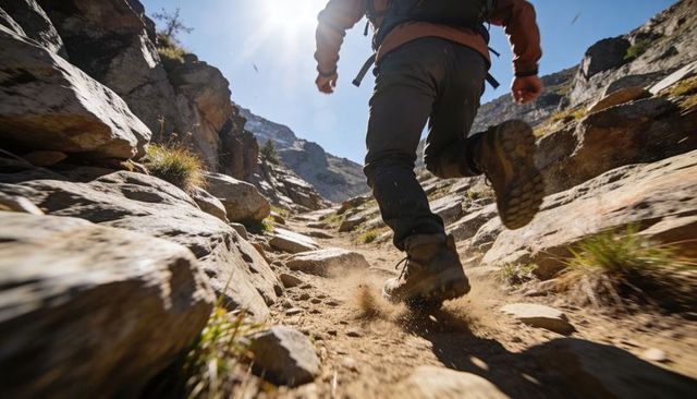 Hiker charging up rocky alpine trail kicking dust with sturdy hiking boots