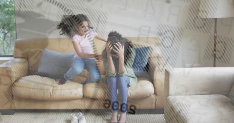 Overwhelmed mother holding head while young daughter jumping on couch with clock overlay
