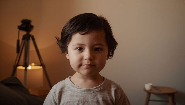 Calm preschool boy facing camera in warm home interior with tripod lamp and neutral tones