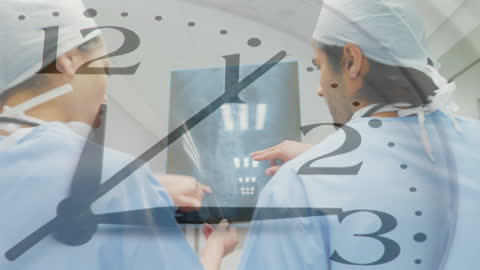Surgeons Consulting X-ray With Overlay of Clock Symbolizing Time Sensitivity