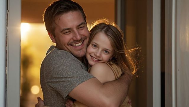 Father and daughter hugging at home doorway with golden backlight, warm family moment