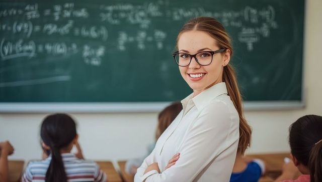 Confident teacher presenting in mathematics classroom