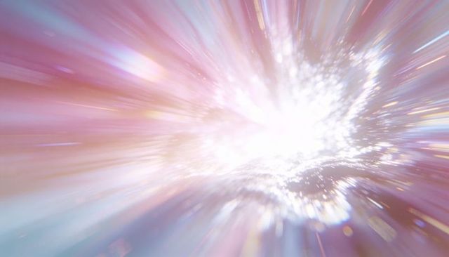 Radiating prism burst emitting iridescent bokeh and motion streaks for abstract lightscape