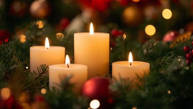 Warm Christmas Candle Centerpiece with Four Lit Pillars, Evergreen Garland, Red Ornaments