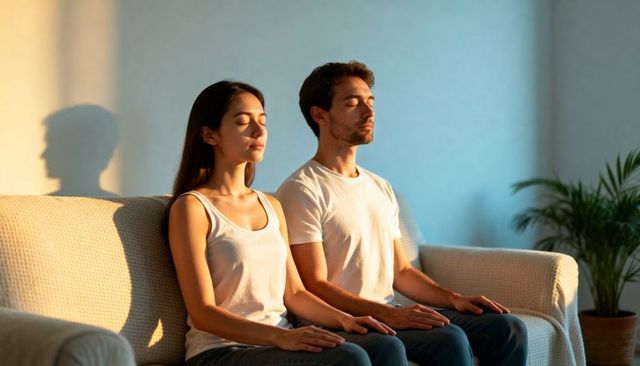Couple meditating on sunlit sofa at home relaxing together embracing calm and warmth