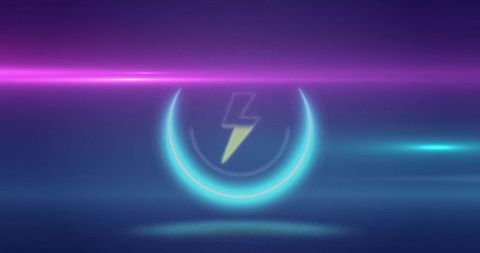 Neon cyan crescent ring hovering with pale yellow lightning emblem over futuristic stage