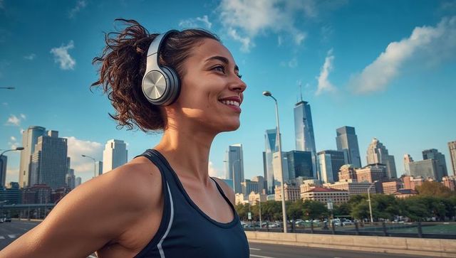 Woman enjoying a morning jog with city skyline in background