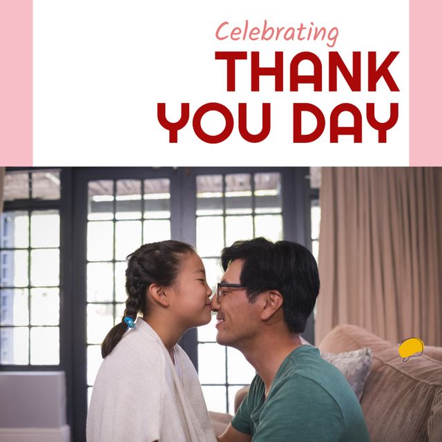 Image depicts an Asian father and his daughter celebrating Thank You Day indoors. They share a tender moment as they touch noses and smile at each other. This warm and loving scene can be used for promoting family values, gratitude, family events, holidays, or parent-child bonding activities.