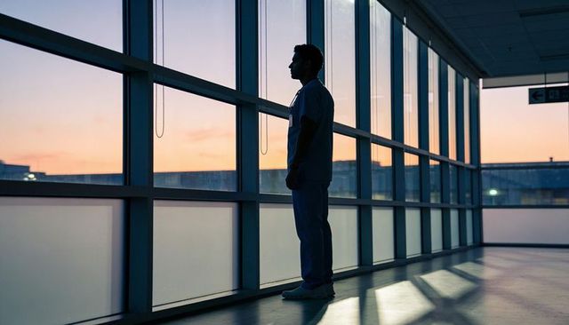 Contemplative clinician standing at hospital window at dusk gazing out over city skyline