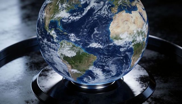 Glowing earth globe on reflective led ring base with polished metal rings and orbital glow
