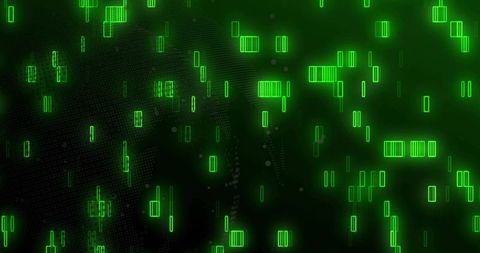 Neon Green Digital Glyphs Floating Across Futuristic Data Grid with Holographic Depth