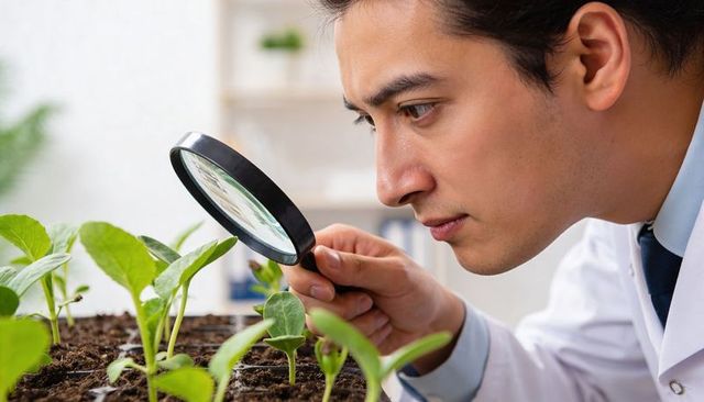 Scientist inspecting seedlings with magnifying glass studying plant growth in laboratory