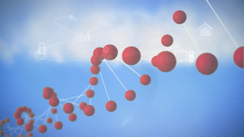 Digital DNA Helix with Futuristic Icons on Blue Background