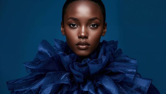 Elegance in blue: striking fashion portrait of woman in ruffled couture