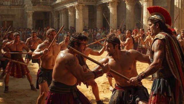 Clashing gladiators locking staves in sunlit sand arena amid armored centurion command