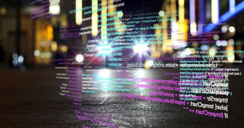 Holographic Code Plane Projecting Across Wet Neon Street at Night with Bokeh Lights