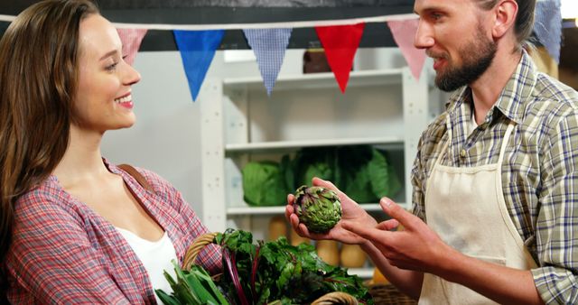 Farmer Selling Fresh Vegetables to Smiling Woman at Market Stall - Download Free Stock Images Pikwizard.com