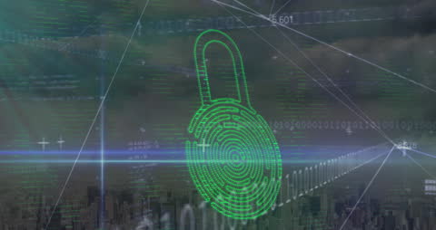 Cybersecurity Digital Lock Over Virtual Cityscape Network