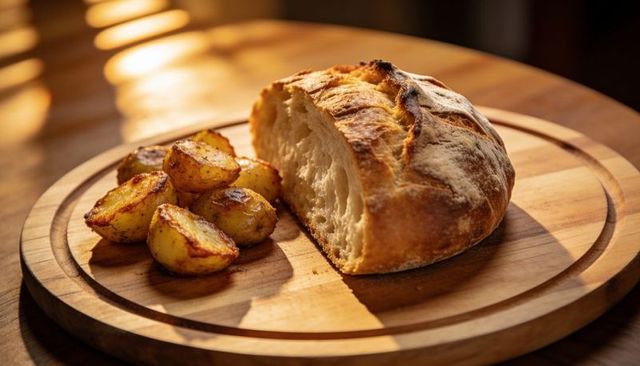 Rustic crusty sourdough loaf with roasted baby potatoes on sunlit grooved wooden board