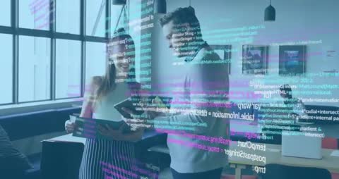 Tech Team Collaboration with Digital Code Overlay