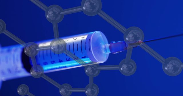 This image showcases a syringe highlighted by structured molecule diagrams and a vibrant blue background. It emphasizes themes of scientific research and medical innovation. Ideal for use in articles and presentations focused on medical research, pharmacology, and chemical experiments.