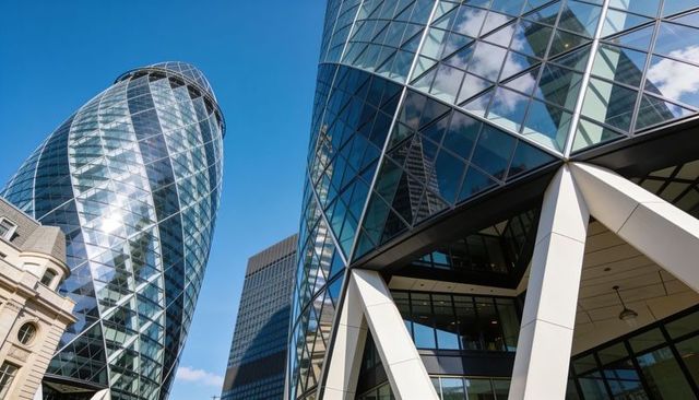 Curved glass skyscrapers reflecting blue sky with v-shaped supports and geometric facade