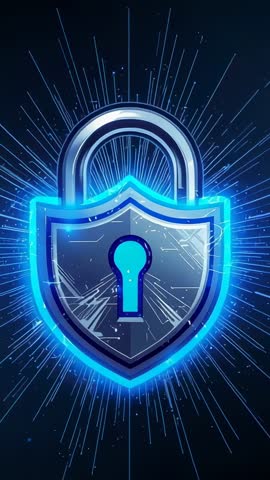 Pulsing Neon Shield Lock Zooming on Keyhole | Vertical Cybersecurity Motion Loop