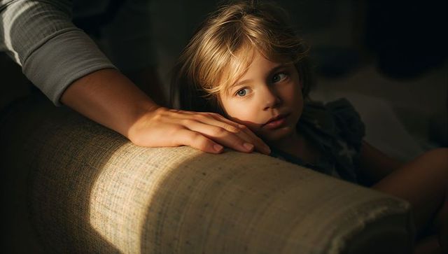 Golden hour soft light on thoughtful blonde child resting on couch armrest