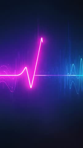 Vertical video neon audio waveform pulsing from magenta peak and shifting into cyan glow