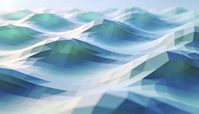 Rippling low-poly ocean landscape with geometric facets and soft teal-blue light